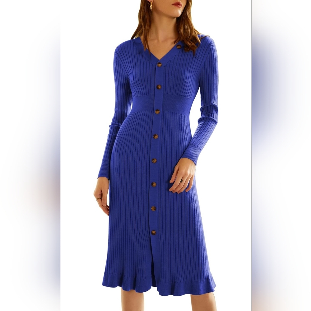 Elegant Long Sleeve Blue Button-Down Dress